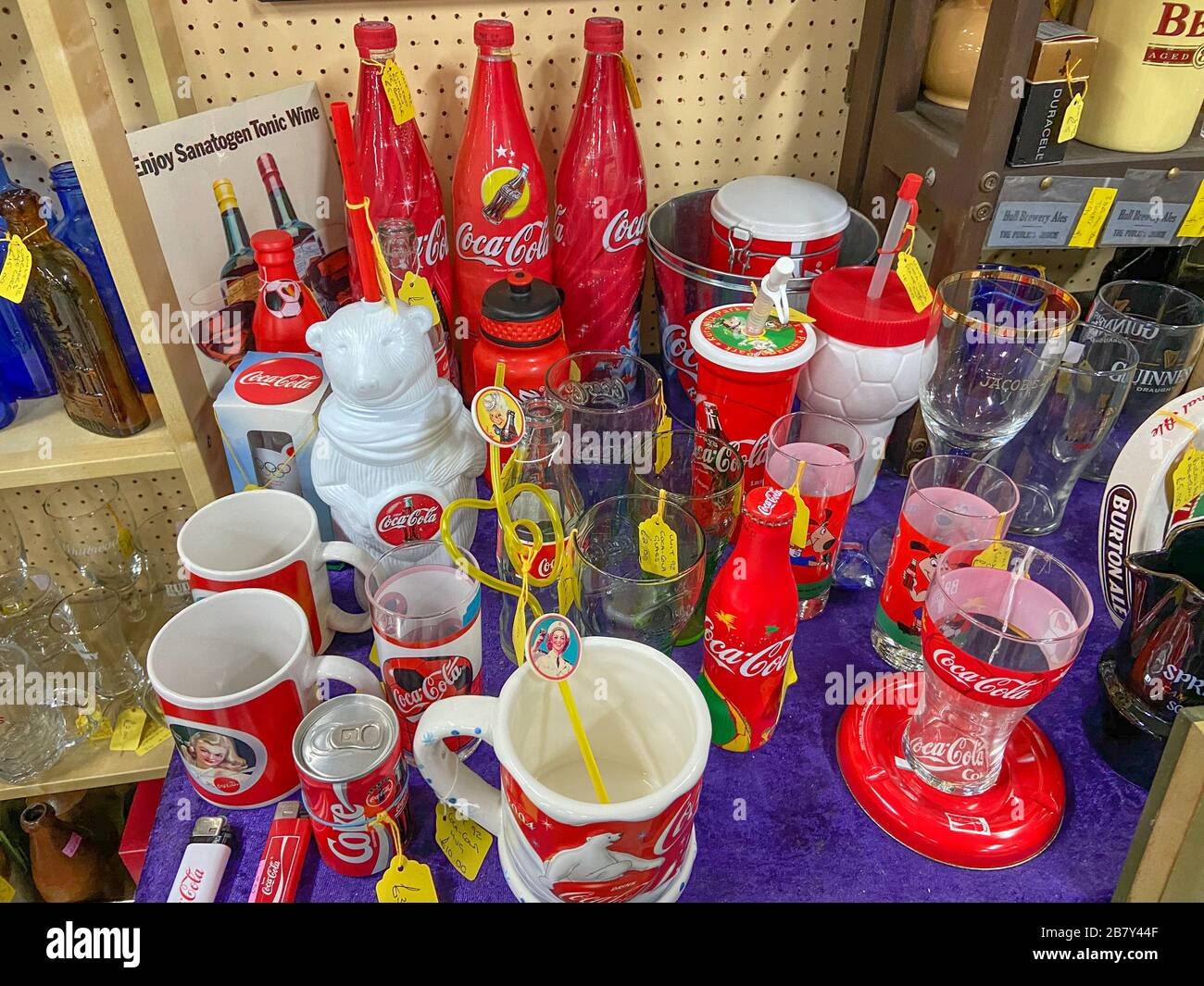 Coca-Cola collectables at Brackley Antique Cellar, Draymans Walk, Brackley, Northamptonshire, England, United Kingdom Stock Photo