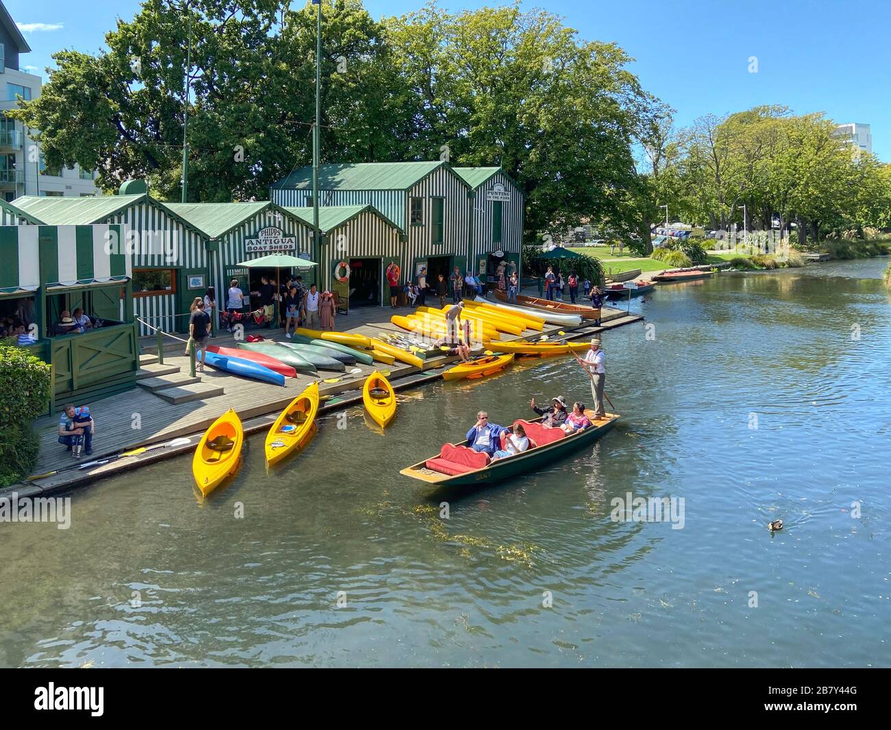 Punting on River Avon at Antigua Boat Sheds, Cambridge Terrace, Christchurch, Canterbury Region, New Zealand Stock Photo