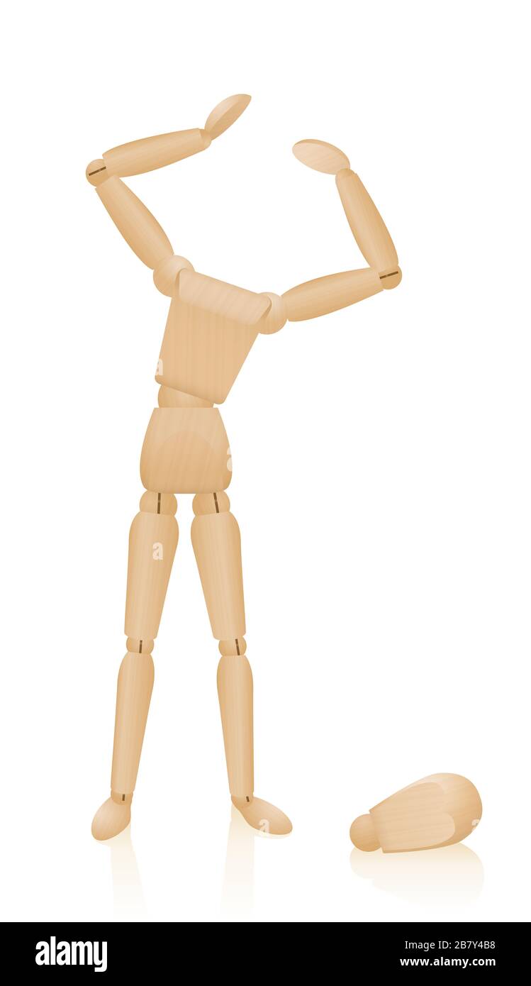Don't lose your head. Headless wooden figure losing its mind with head dropped down on the floor. Symbol for sorrows, desperation, stress or worries. Stock Photo