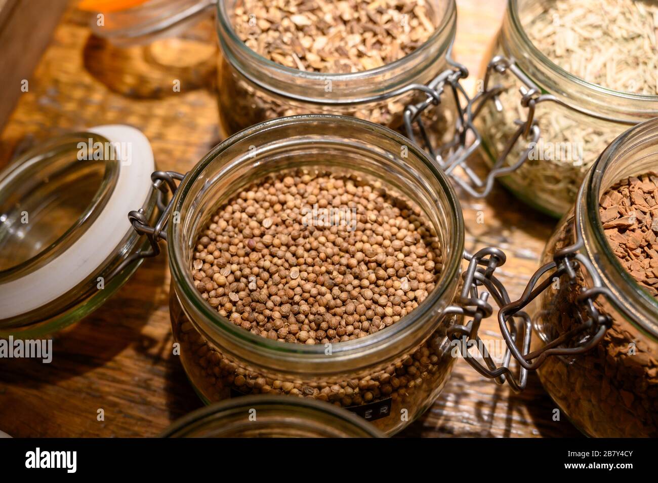 Tastes of gin, botanicals ingredients for gin distillery process, pot