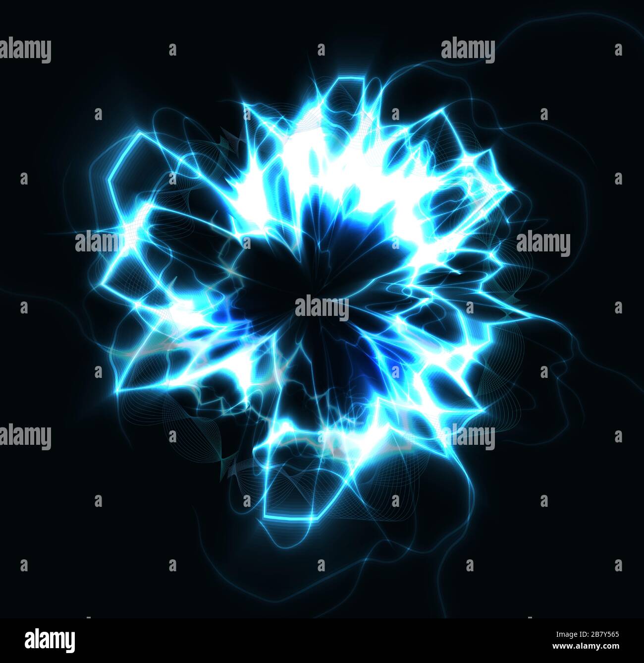 Electric circle blue round lightning energy explosion, shining fractal circle on black background, fireball flash magic ball vector illustration Stock Vector