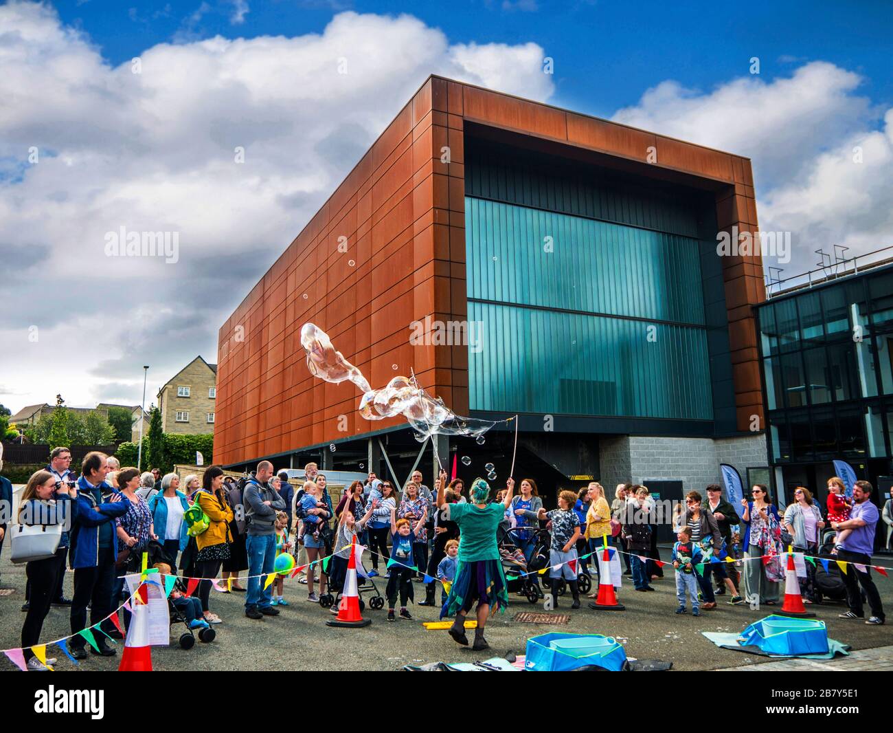 Magnificent display of Bubble Making at the celebration of the Leeds Liverpool Canal at Burnley Lancashire Stock Photo