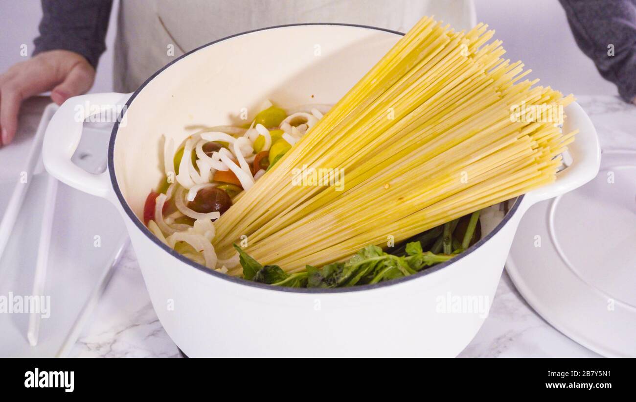 Step by step. Cooking on pot pasta recipe in an enameled cast iron