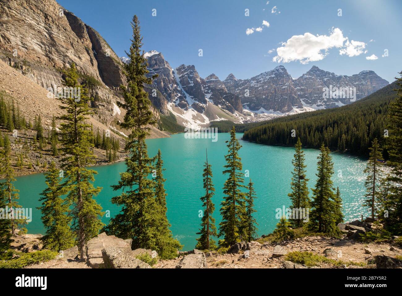 Moraine Lake on Bright, Sunny Day in Banff National Park Stock Photo