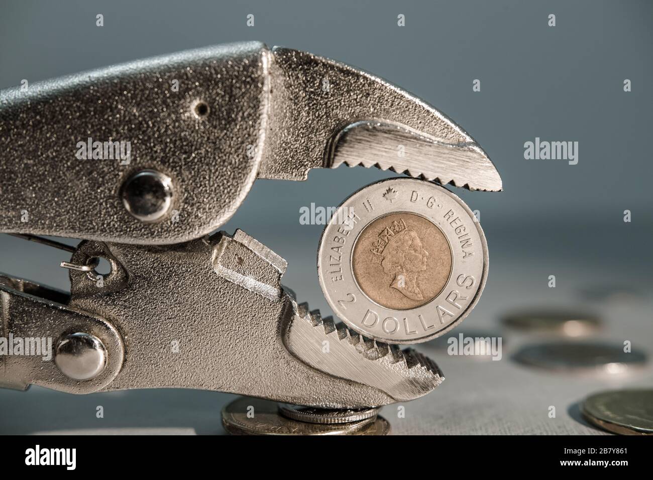 A Canadian 2 $ coin is stuck between the jaws of the locking pliers. Stock Photo