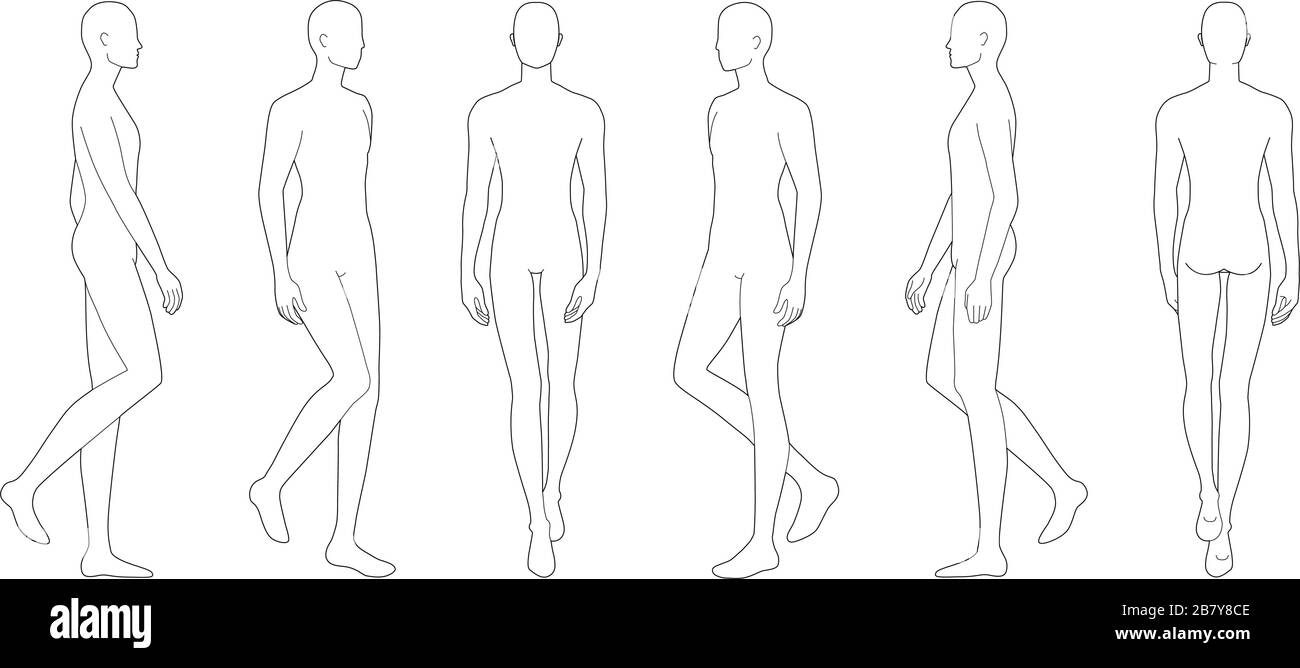 Fashion template of walking men in 6 point of view. 9 head size for  technical drawing. Gentlemen figure front, side, 3-4 and back view. Vector  outline boy for fashion sketching and illustration