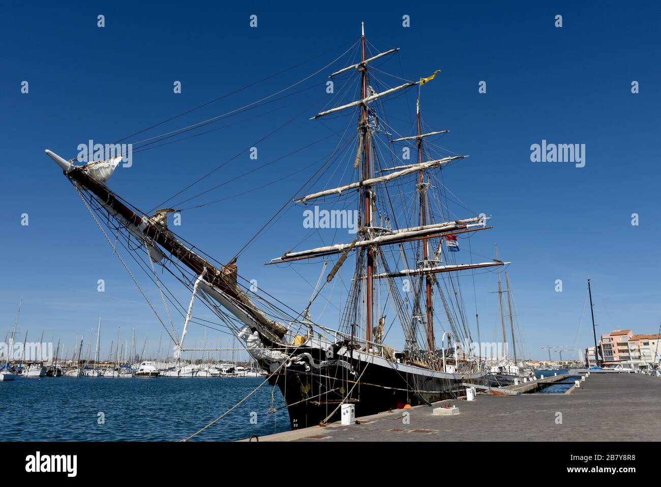 The Morgenster tall ship yacht moored at Center Nautique - French sailing school in Cap d'Agde, France Stock Photo