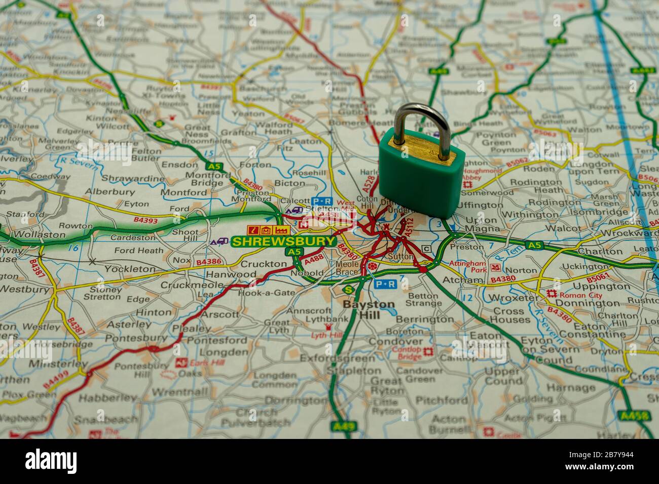 Shrewsbury Shown on a road map or geography map with a padlock on top to represent a city in lock down Stock Photo