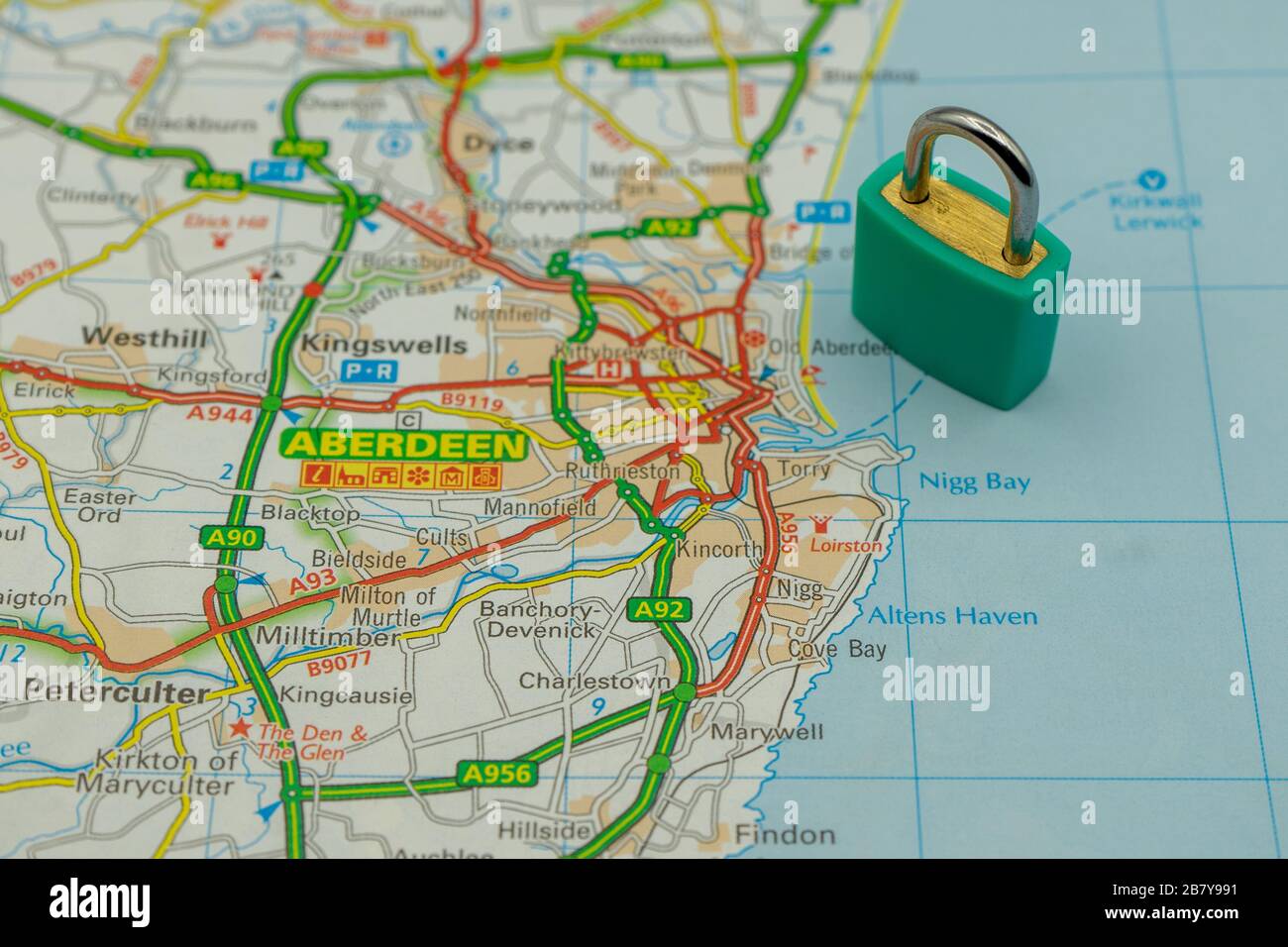 Aberdeen Shown on a road map or geography map with a padlock on top to represent a city in lock down Stock Photo