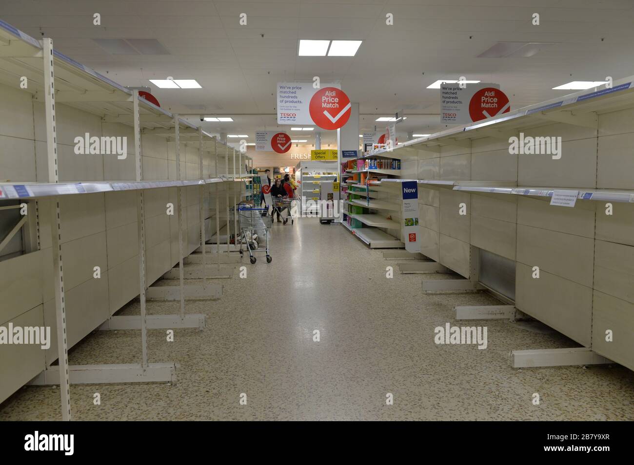 Hatfield, UK. 18th Mar, 2020. Shelves have been cleared of stock in Tesco (Hatfield), as people have been stocking up to prepare for coronavirus. Schools, colleges and nurseries are closing from Friday. Credit: Andrew Steven Graham/Alamy Live News Stock Photo