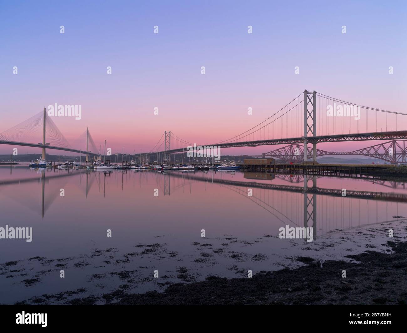 dh St Margarets Crossing PORT EDGAR LOTHIAN Scottish two road bridges across river Forth Scotland dusk marina Stock Photo