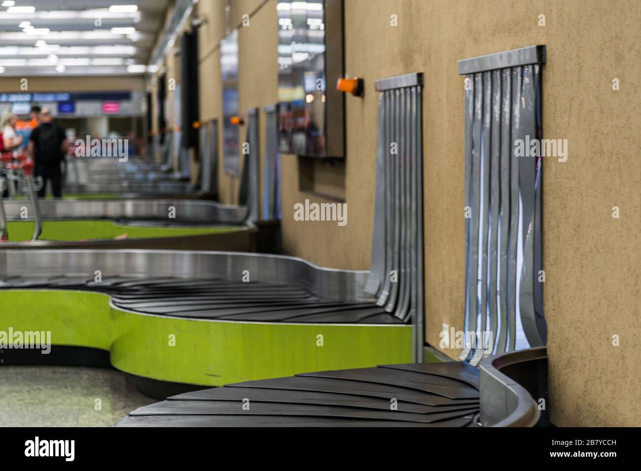 Empty luggage belt at an airport. Concept of airline, crisis and travelling. Stock Photo
