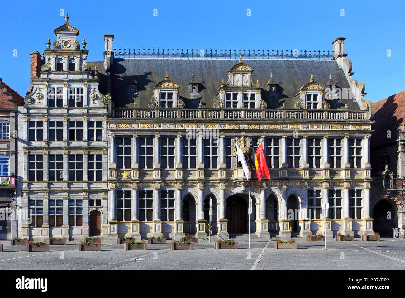 Facade of the beautiful Cloth Hall (1610) of Tournai, Belgium Stock Photo