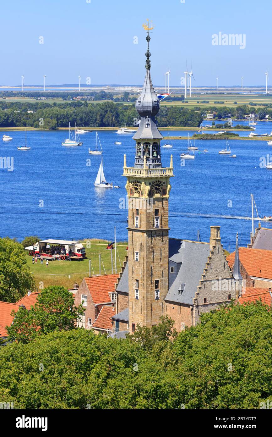 Panoramic view across the beautiful medieval clock tower of the town hall of Veere and Lake Veere (Veersemeer) in the Netherlands Stock Photo