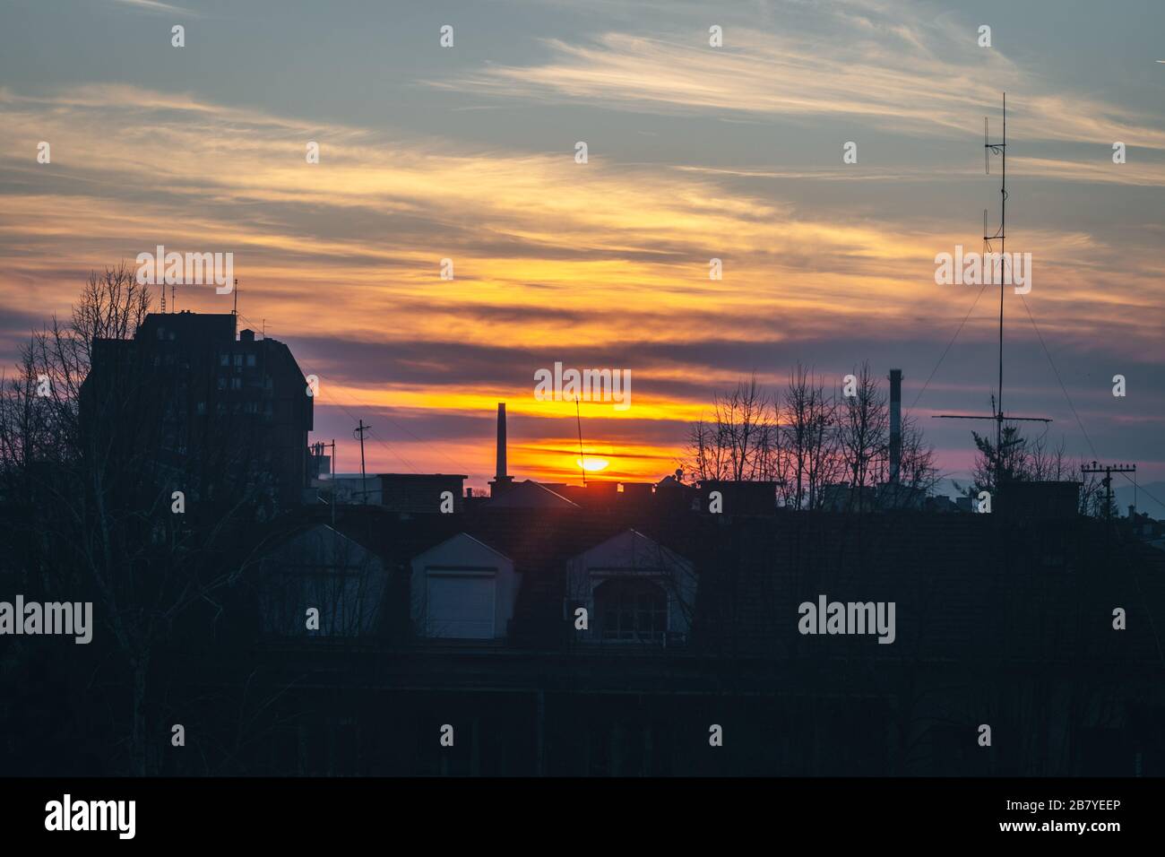 Sunrise over rooftops in Serbia Stock Photo