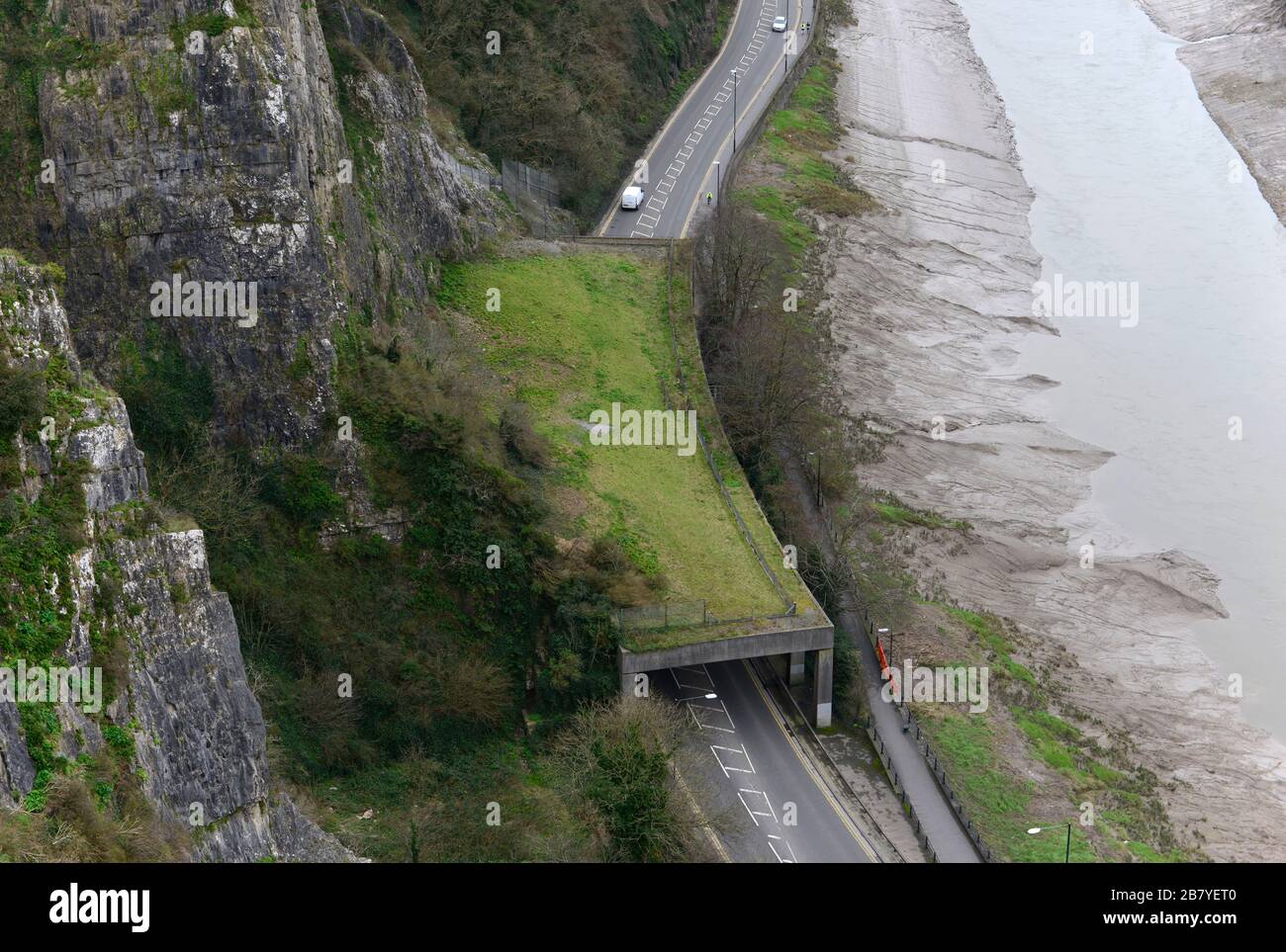 View from above of the gallery rock shelter over the Portway road under the Clifton Suspension Bridge, Clifton, Bristol, UK Stock Photo