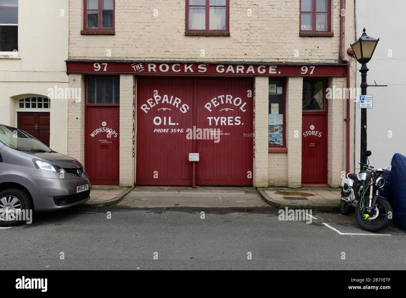 A garage on a narrow street in Clifton, Bristol, UK with its