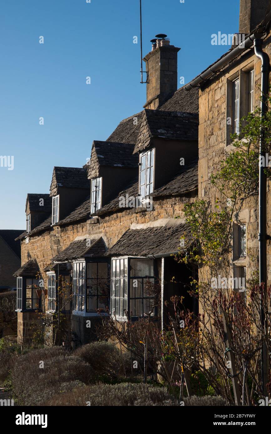 Old House in Broadway, Cotswolds, Worcestireshire, England with Bay Windows Stock Photo