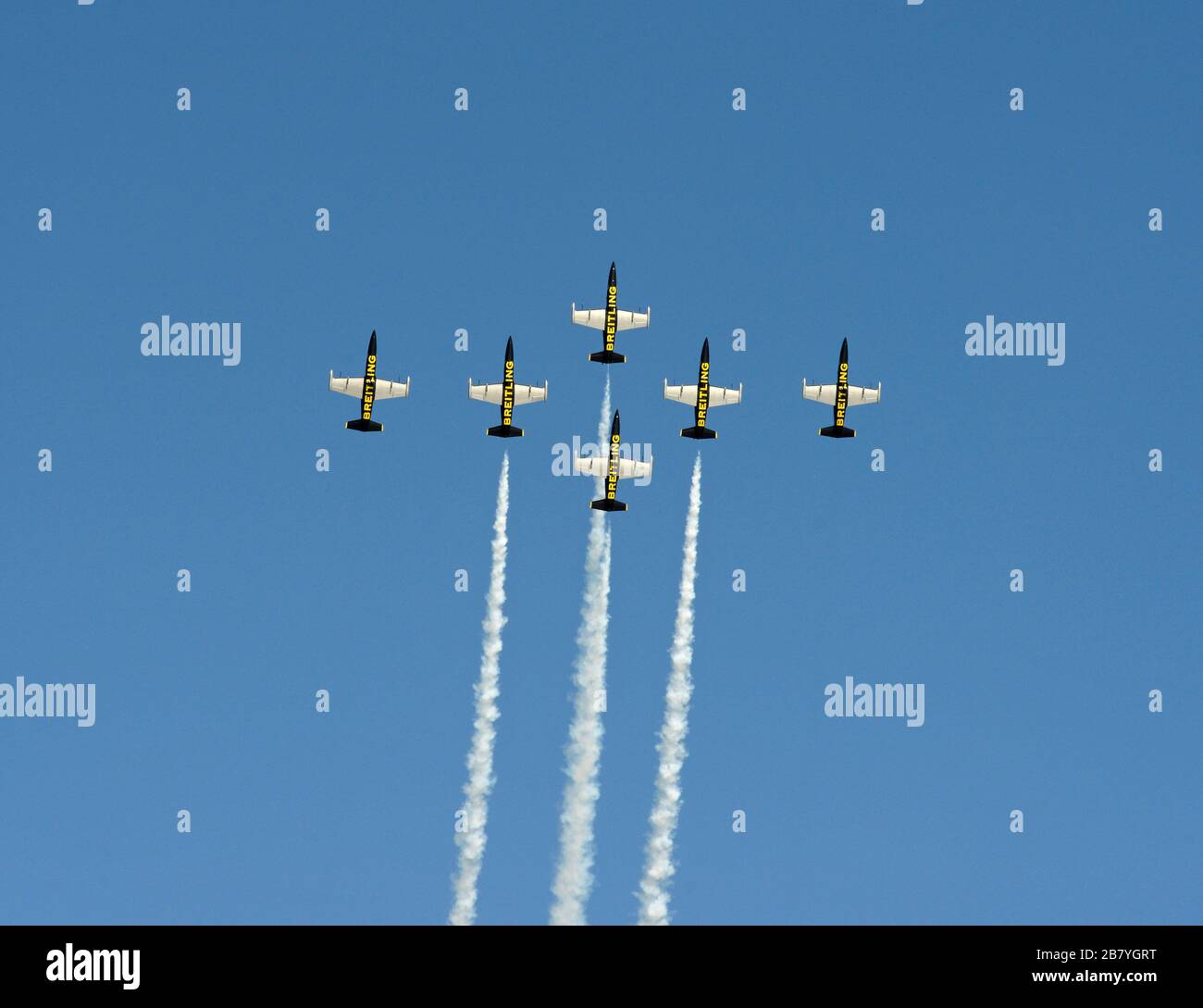 Six of the seven members of the Breitling air display team perform in formation at the Eastbourne Airshow in Sussex, UK Stock Photo