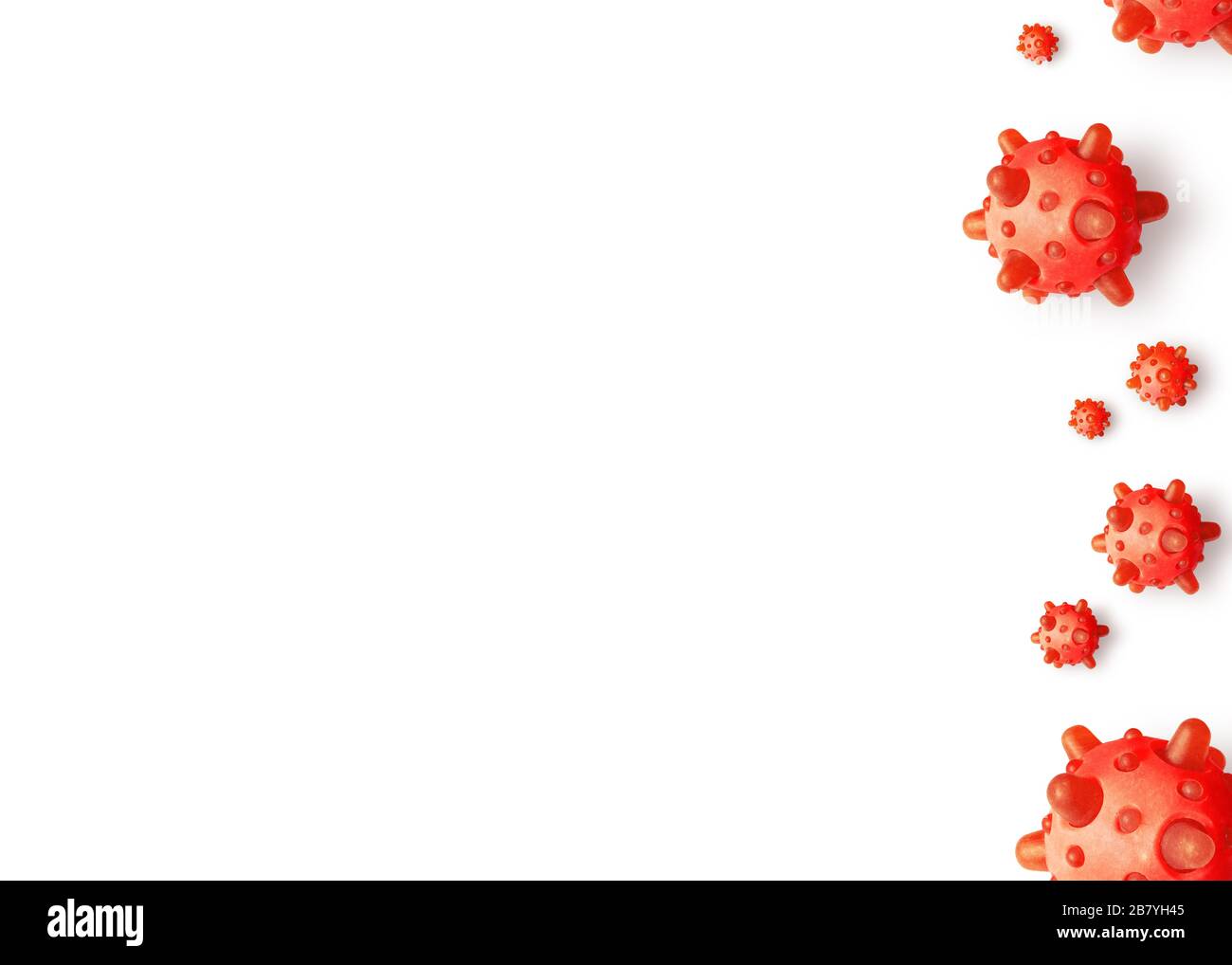 COVID-19 coronavirus theme for background, 3d illustration. SARS-CoV-2 coronavirus global outbreak. Banner with red corona viruses isolated on white b Stock Photo