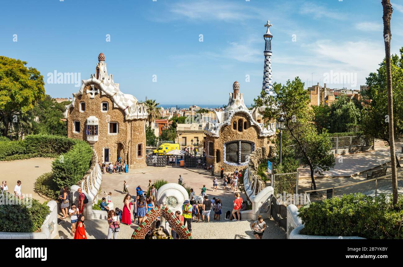 BARCELONA, SPAIN - JUNE 22, 2016: People walk and enjoy leisure in the Park Guell. A green park with a Gaudi museum and panoramic views. architect Gau Stock Photo