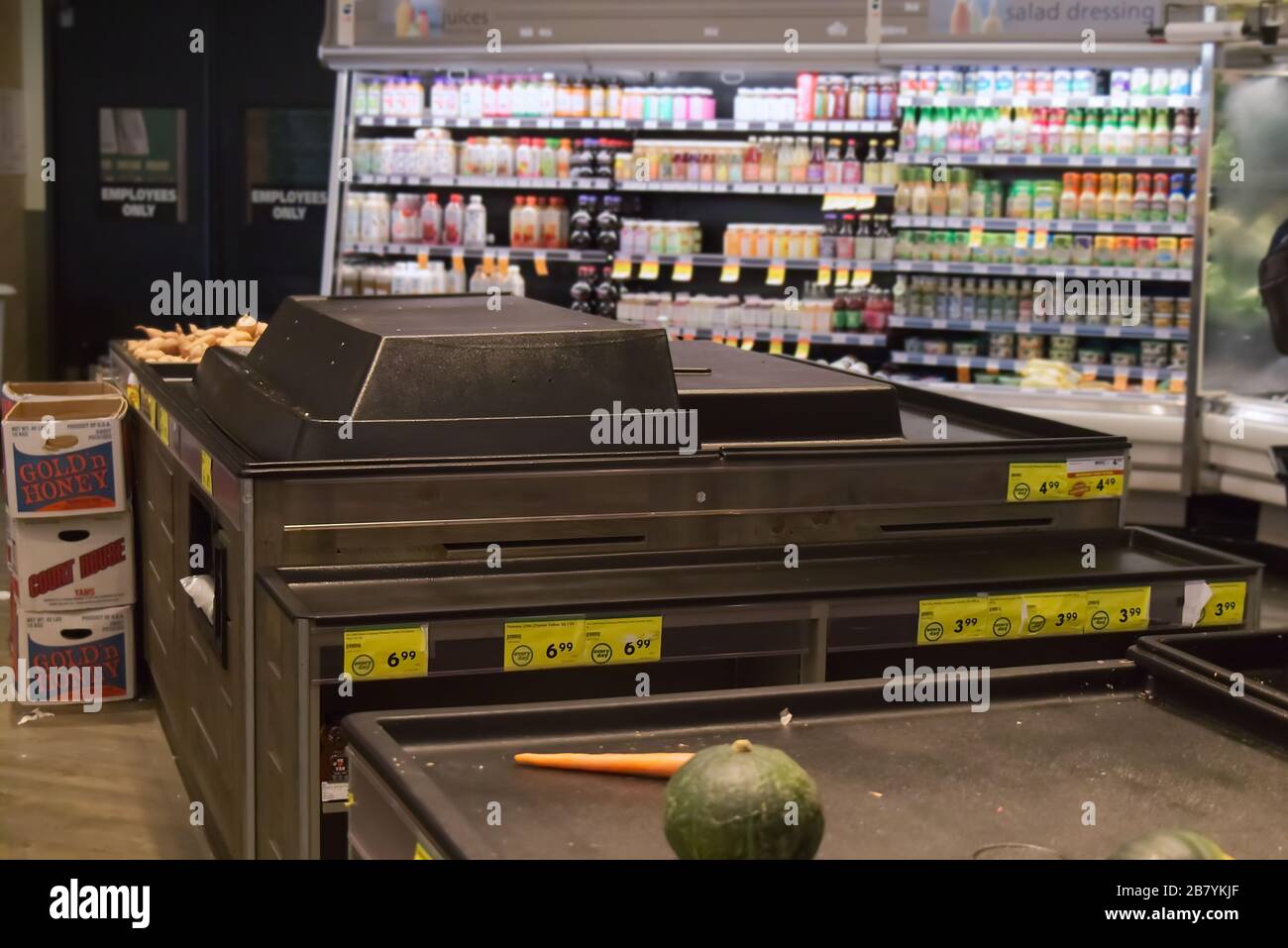 Vancouver, Canada - March 18,2020: Empty Safeway store shelves show shortage of food as Coronavirus (COVID-19) fears people to buy more supplies Stock Photo