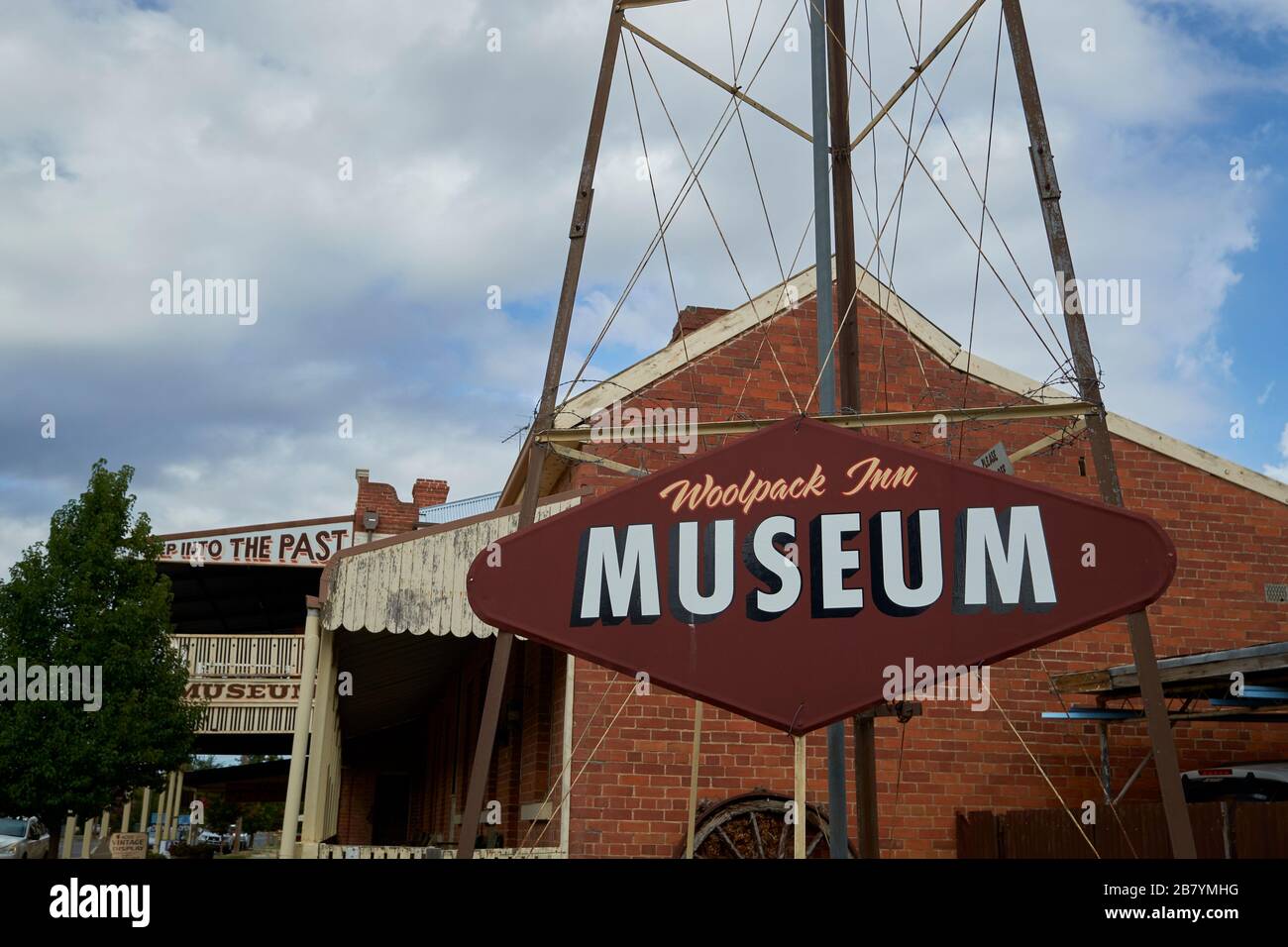 Entrance sign at the Woolpack Museum in Holbrook, Australia. Stock Photo