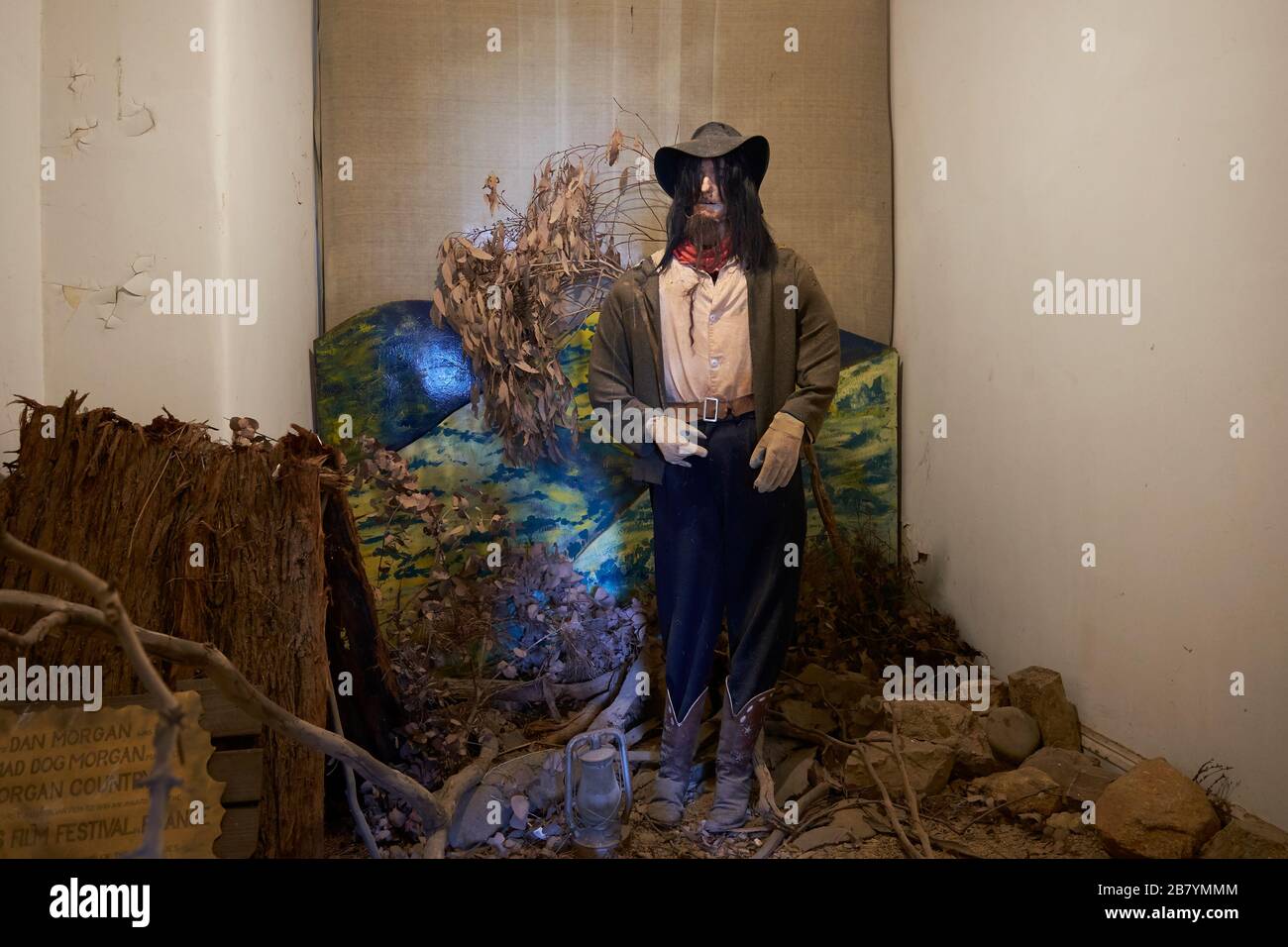 A diorama and figure of infamous outlaw bushranger, Mad Dog Morgan. At the Woolpack Museum in Holbrook, Australia. Stock Photo