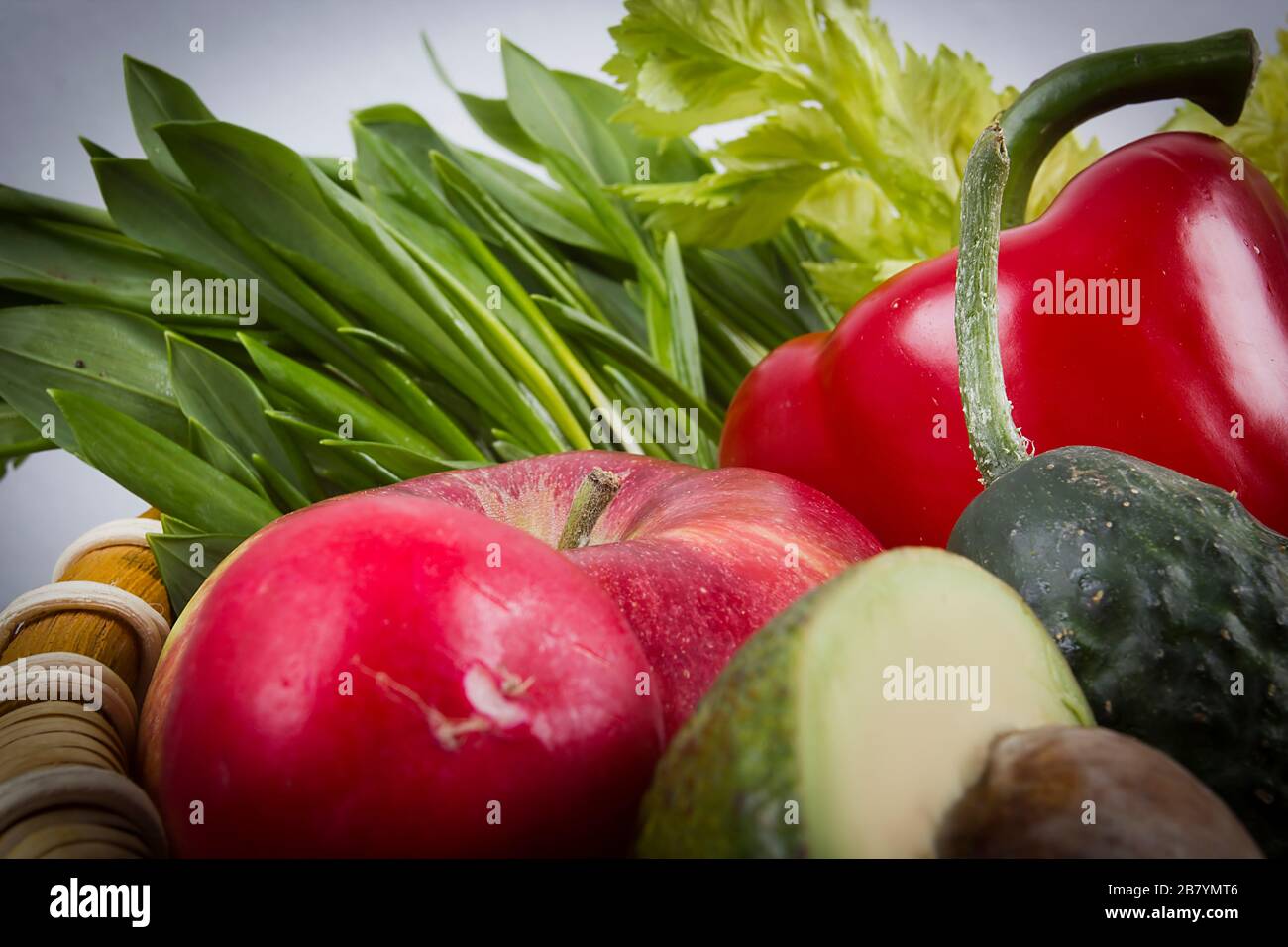 Set of vegetables and fruits in a wicker basket Stock Photo - Alamy