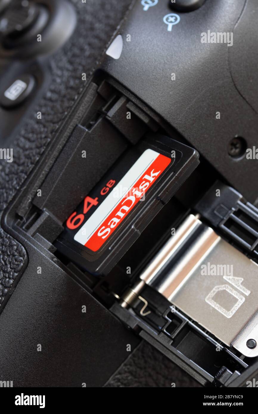 The memory card in camera slot. The memory card inserted to card hole in open door of the digital camera. Stock Photo