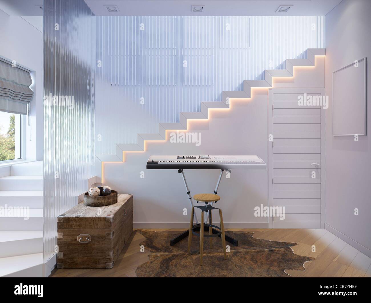 Rendering of interior design staircase hall with a piano Stock Photo ...