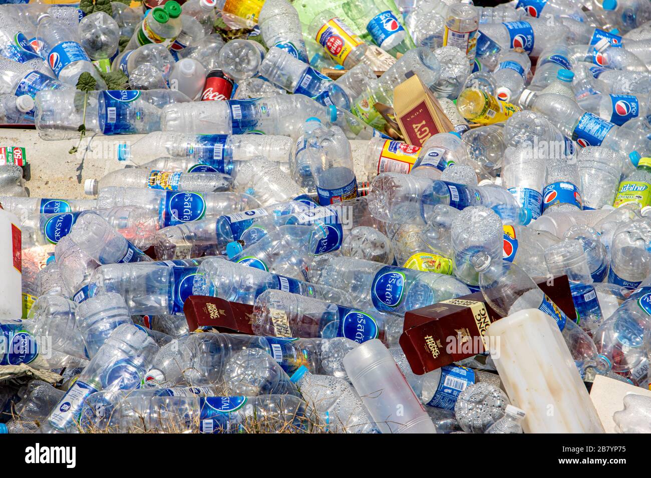 LOPBURI, THAILAND, FEB 22 2020, Pile of used plastic bottles. A heap of empty plastic bottles, Thailand. Stock Photo