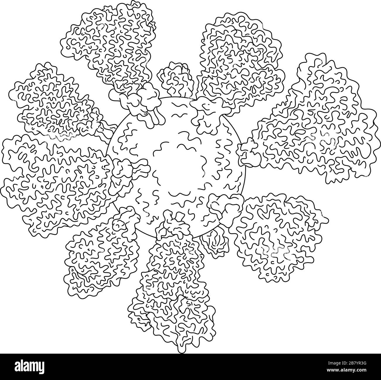 Line drawing illustration of a microscopic cryo-electron coronavirus, COVID-19 or 2019-nCoV cell with crowns of spikes done in monoline style black an Stock Vector