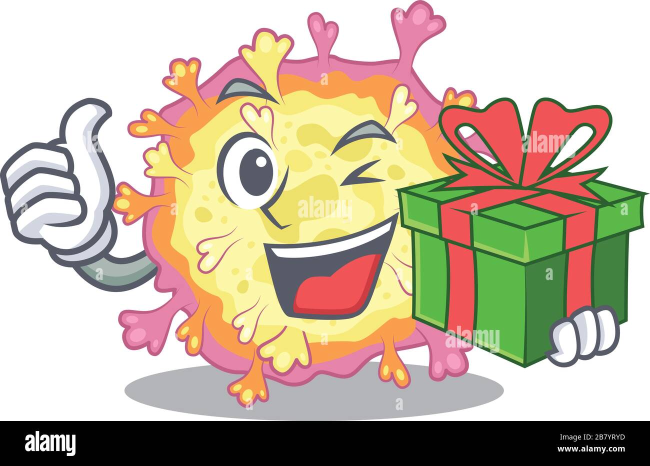 Smiley coronaviridae virus cartoon character having a gift box Stock Vector