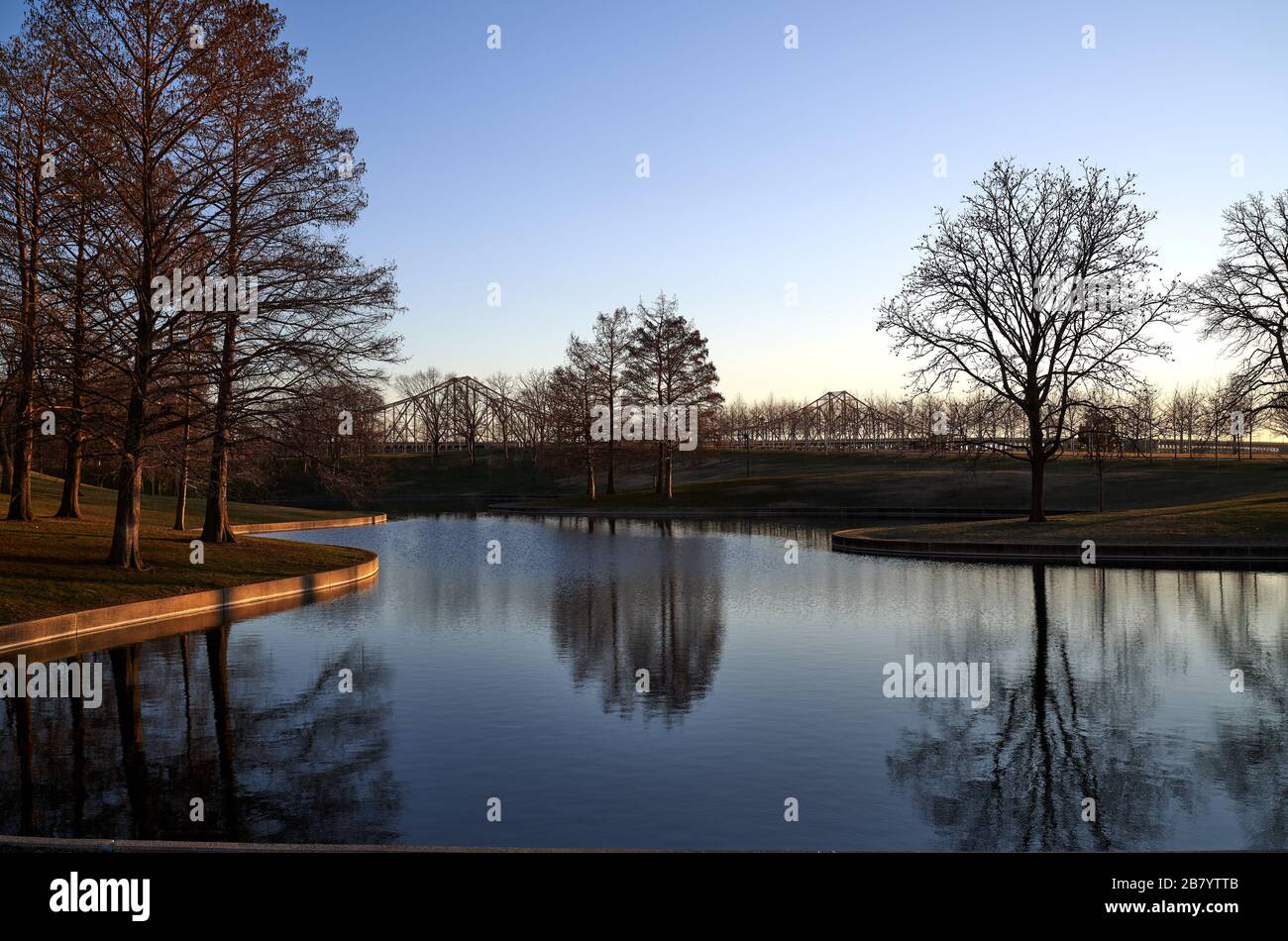 St. Louis Missouri Urban Landscape; Lake with tree reflection. downtown