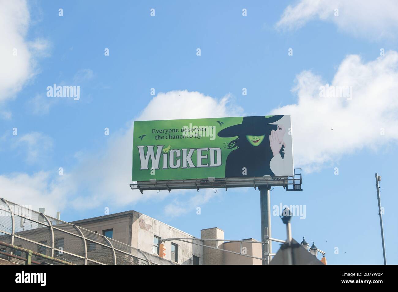 Manhattan, NY November 28, 2019: An advertisement billboard of Wicked Musical in New York City. Wicked is a 2003 Broadway musical by Stephen Schwartz Stock Photo