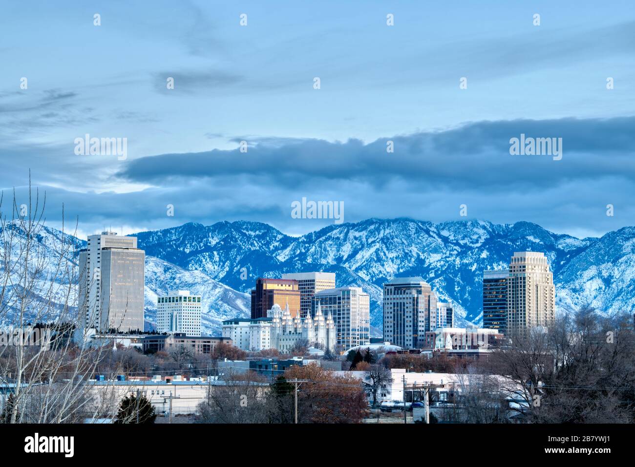Salt Lake City Winter Skyline taken at Blue Hour Stock Photo