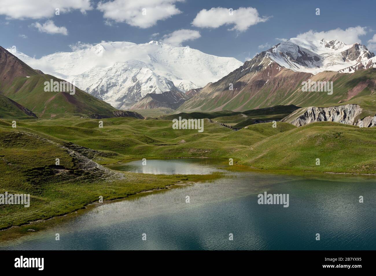 The beautiful Pamir mountains, trekking destination. View the Lenin Peak in the lake reflection, Kyrgyzstan, Central Asia. Stock Photo