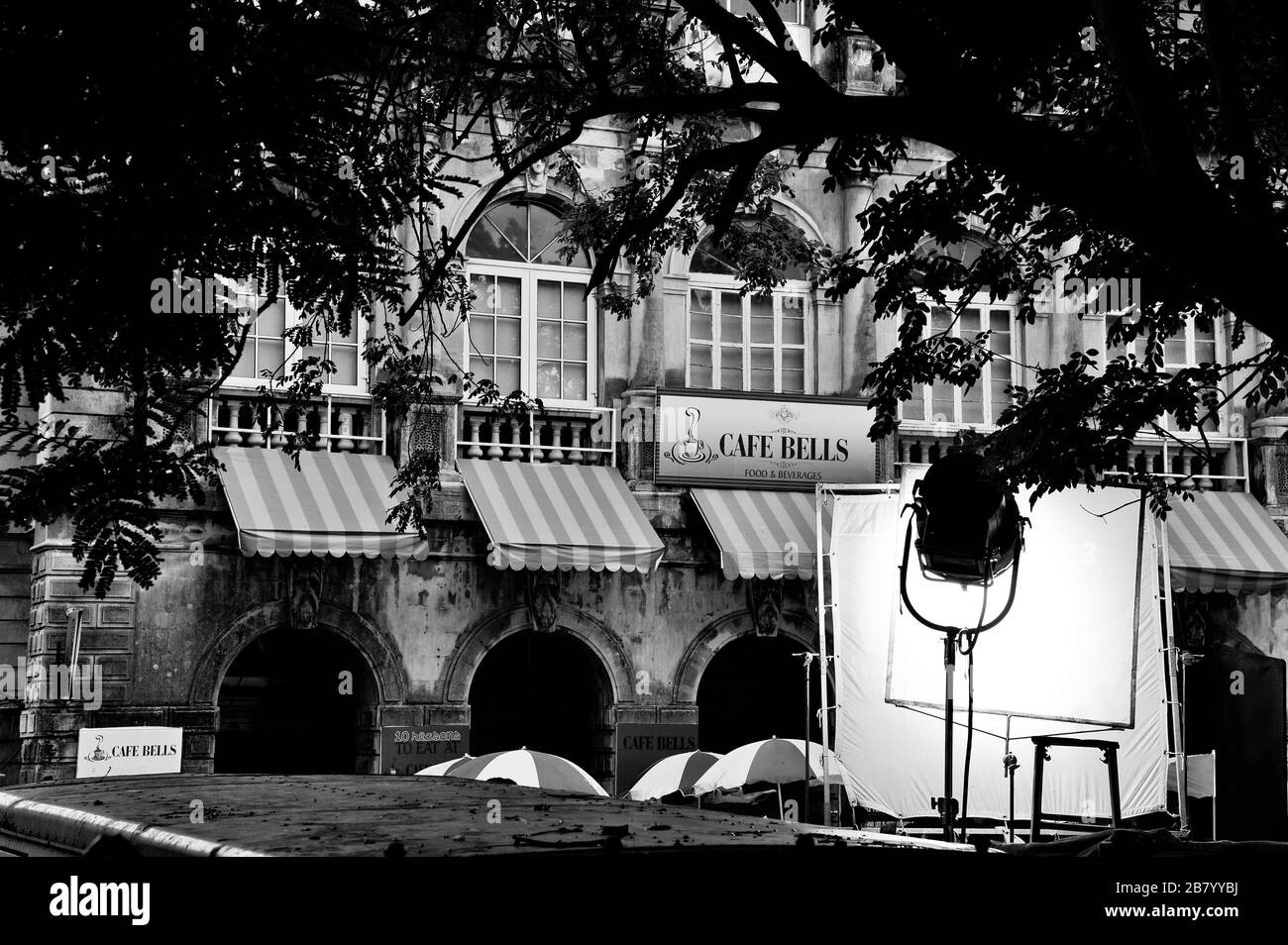 Outdoor photography lights, Cafe Bells, Horniman Circle, Fort, Bombay, Mumbai, Maharashtra, India, Asia Stock Photo