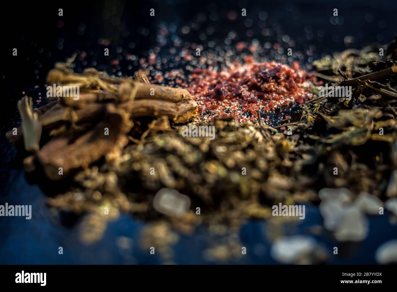 Best home ayurvedic remedy for ulcer i.e. Ardusi or Malabar nut, sugar, and mulethi or licorice. Shot of all the herbs on black surface with powder al Stock Photo