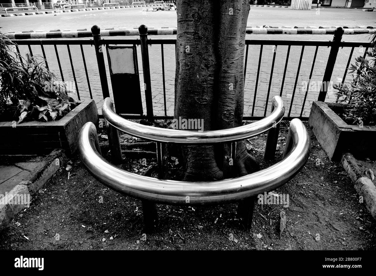 Metal stainless steel tube bench for sitting, Art Plaza, Kala Ghoda, Fort, Bombay, Mumbai, Maharashtra, India, Asia Stock Photo