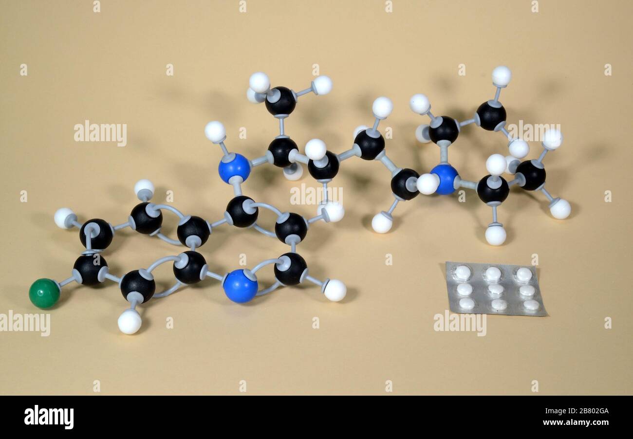 Molecule model of Chloroquine, a medication used to treat malaria, maybe also able to calm the symptoms of Covid 19 virus.  White is Hydrogen, black i Stock Photo
