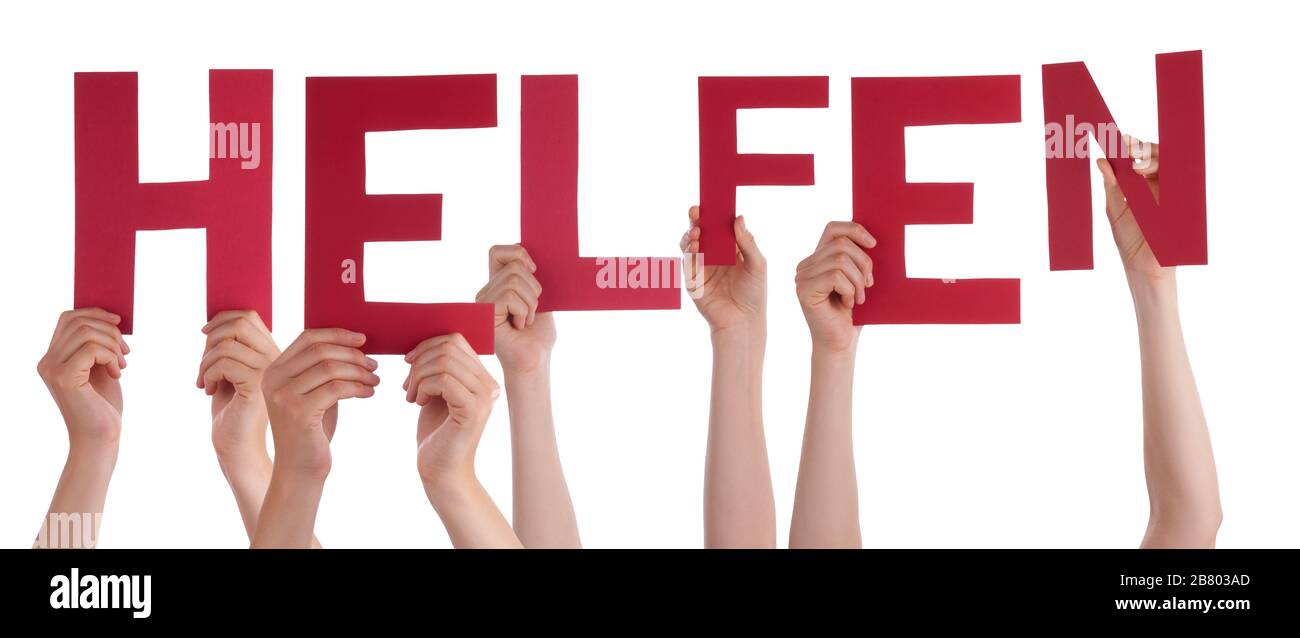 People Hands Holding Word Helfen Means Help, Isolated Background Stock