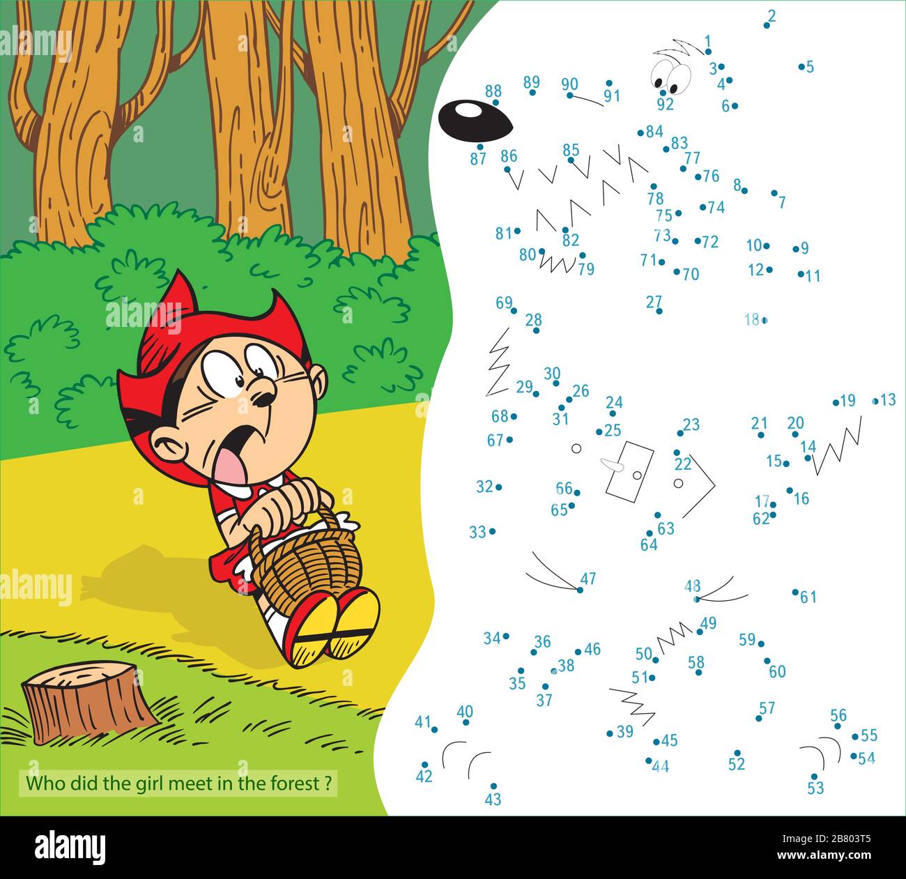 Vector illustration with a puzzle, where you need to draw an outline and find out who the girl met in the forest Stock Vector