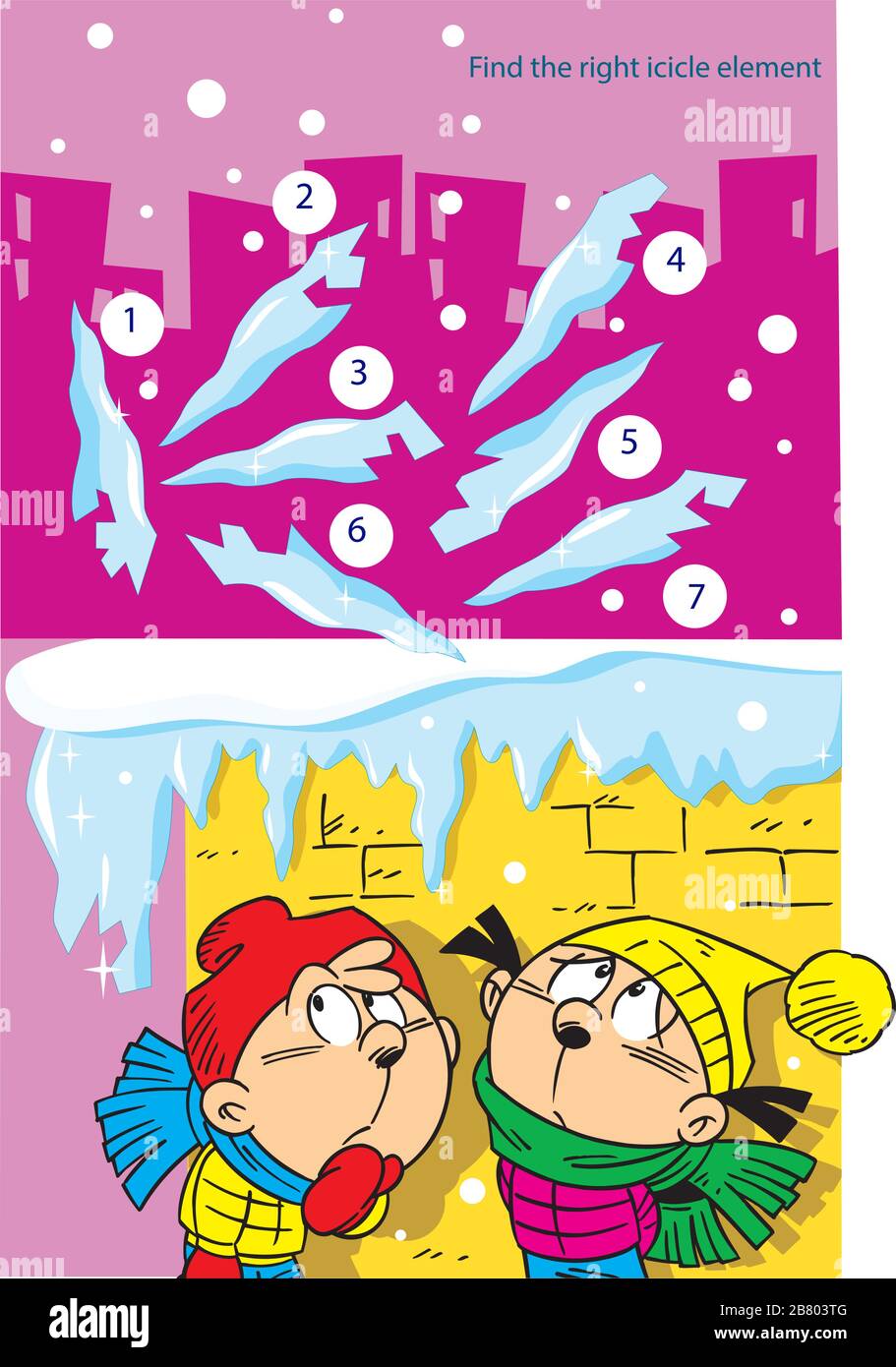 Vector illustration with a puzzle in which you need to find the right icicle fragment from the roof Stock Vector