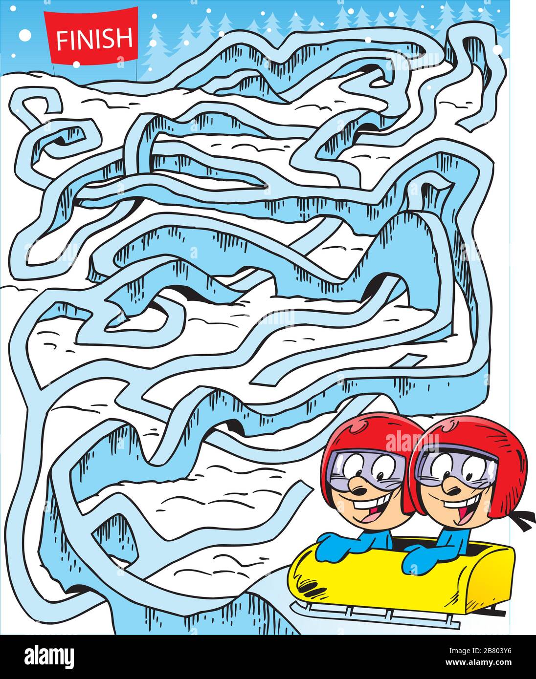 Vector illustration with a maze where it is necessary to help children on a sled to reach the finish line. Stock Vector