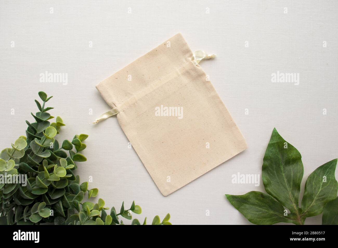 Download Blank Drawstring Canvas Bag With Green Leaves Mockup Natural Eco Bag Mockup Stock Photo Alamy