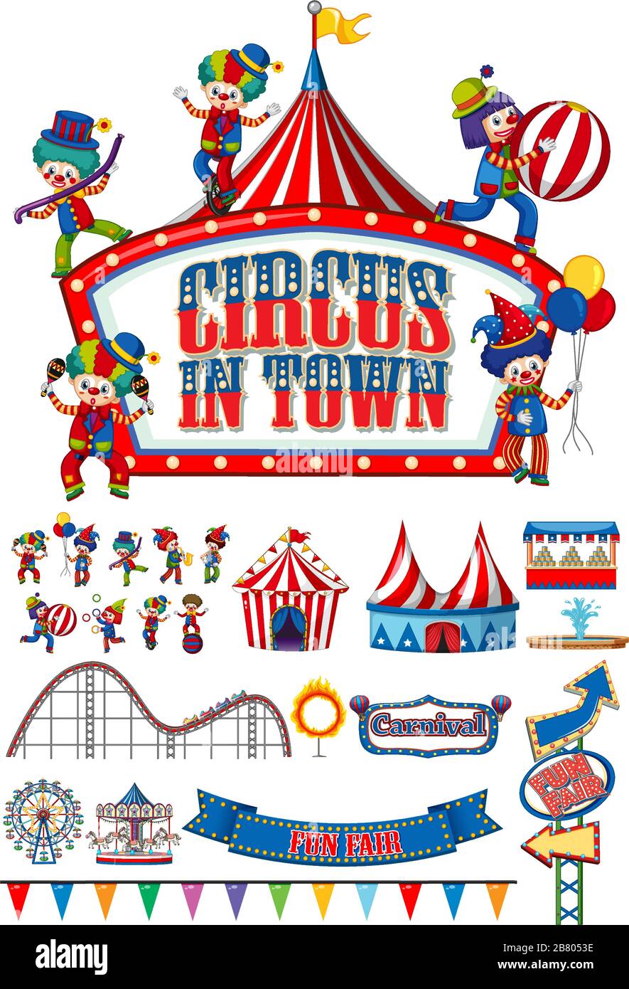 Large set of circus clowns and rides on white background illustration ...