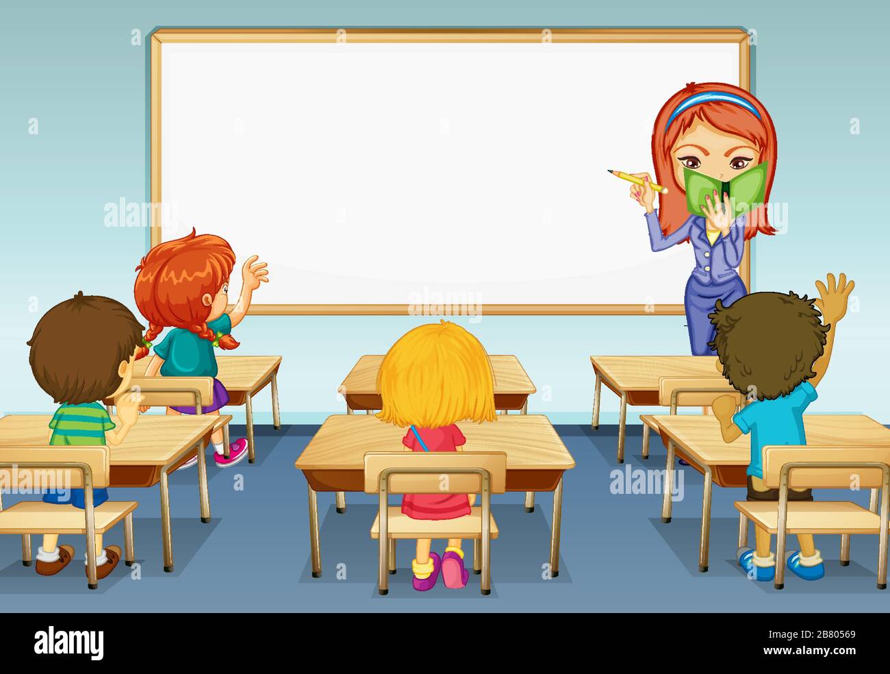 Scene with teacher and many students in classroom illustration Stock