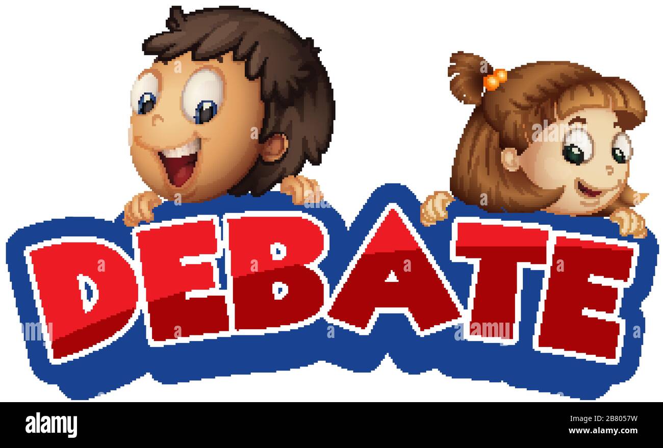 Font design for word debate with boy and girl smiling illustration